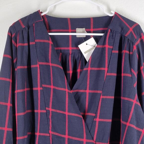 ASOS Curve Plaid Blouse Womens 14 Blue Red Faux Wrap Bell Sleeve Academia - Picture 2 of 9